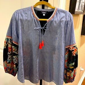 JOHNNY WAS BLOUSE, size S, cotton stripped front with silk back and sleeves